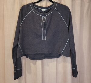 Free People Charcoal Cropped Waffle Henley with Contrast Stitch